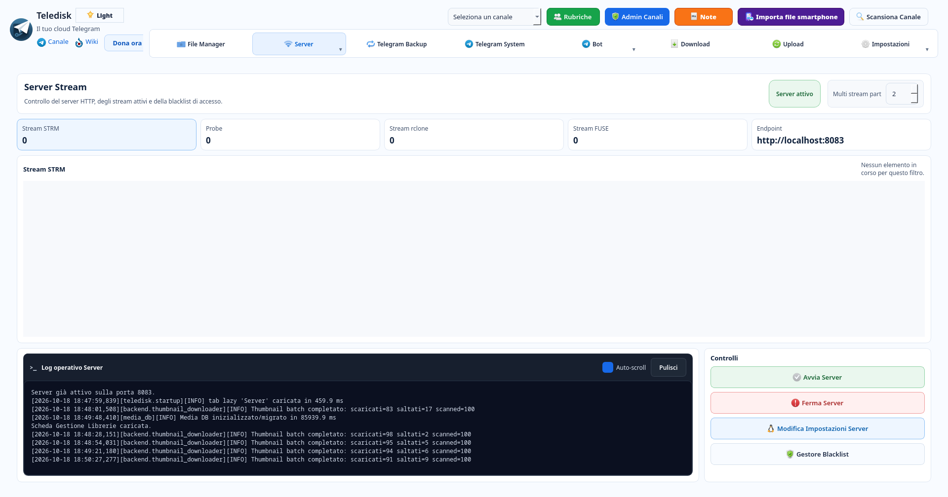Controlla server e riproduzioni — TeleDisk Desktop 1.7 Linux