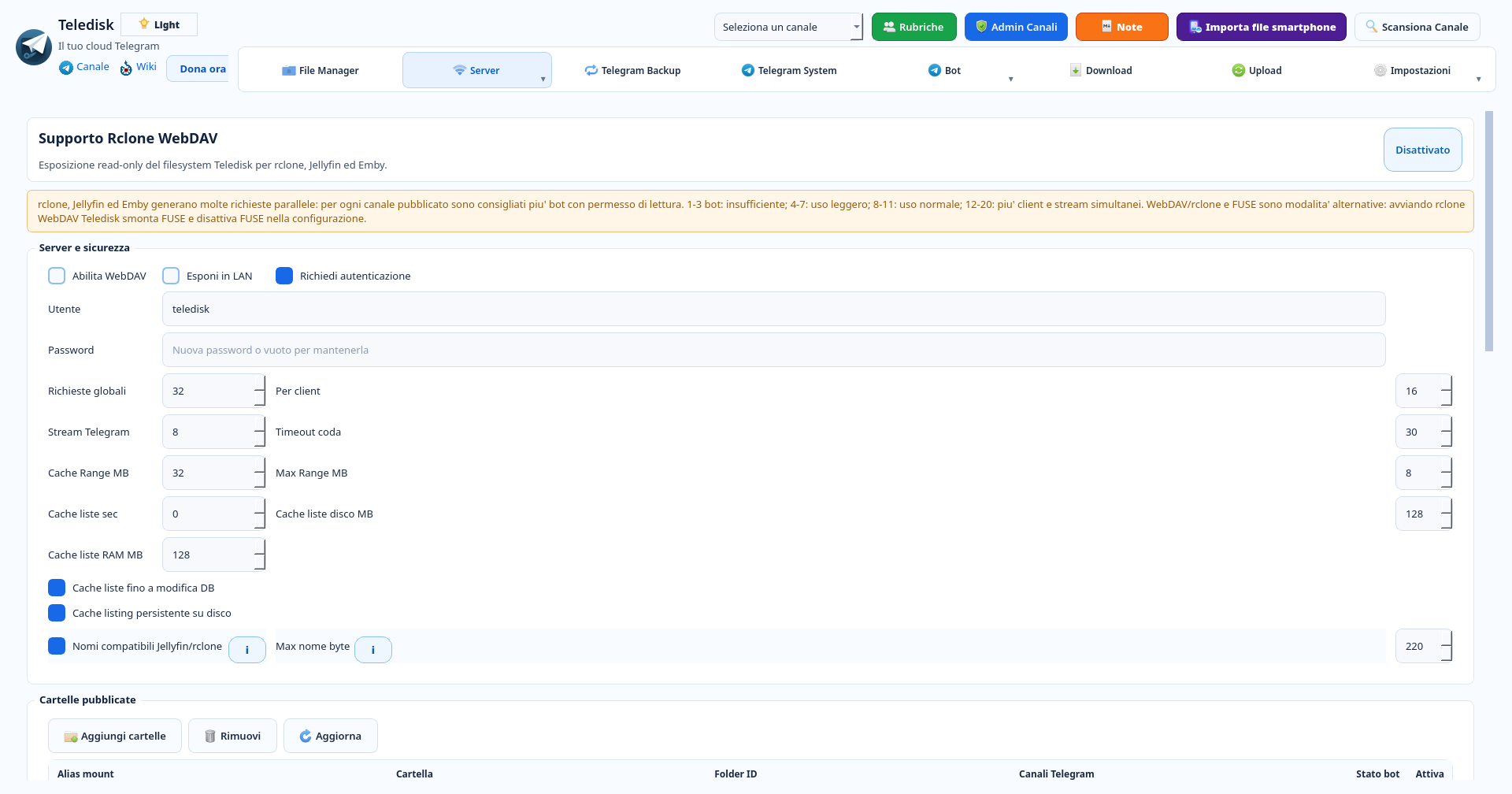 9. Collega rclone, Jellyfin o Emby con WebDAV — schermata reale dell’app